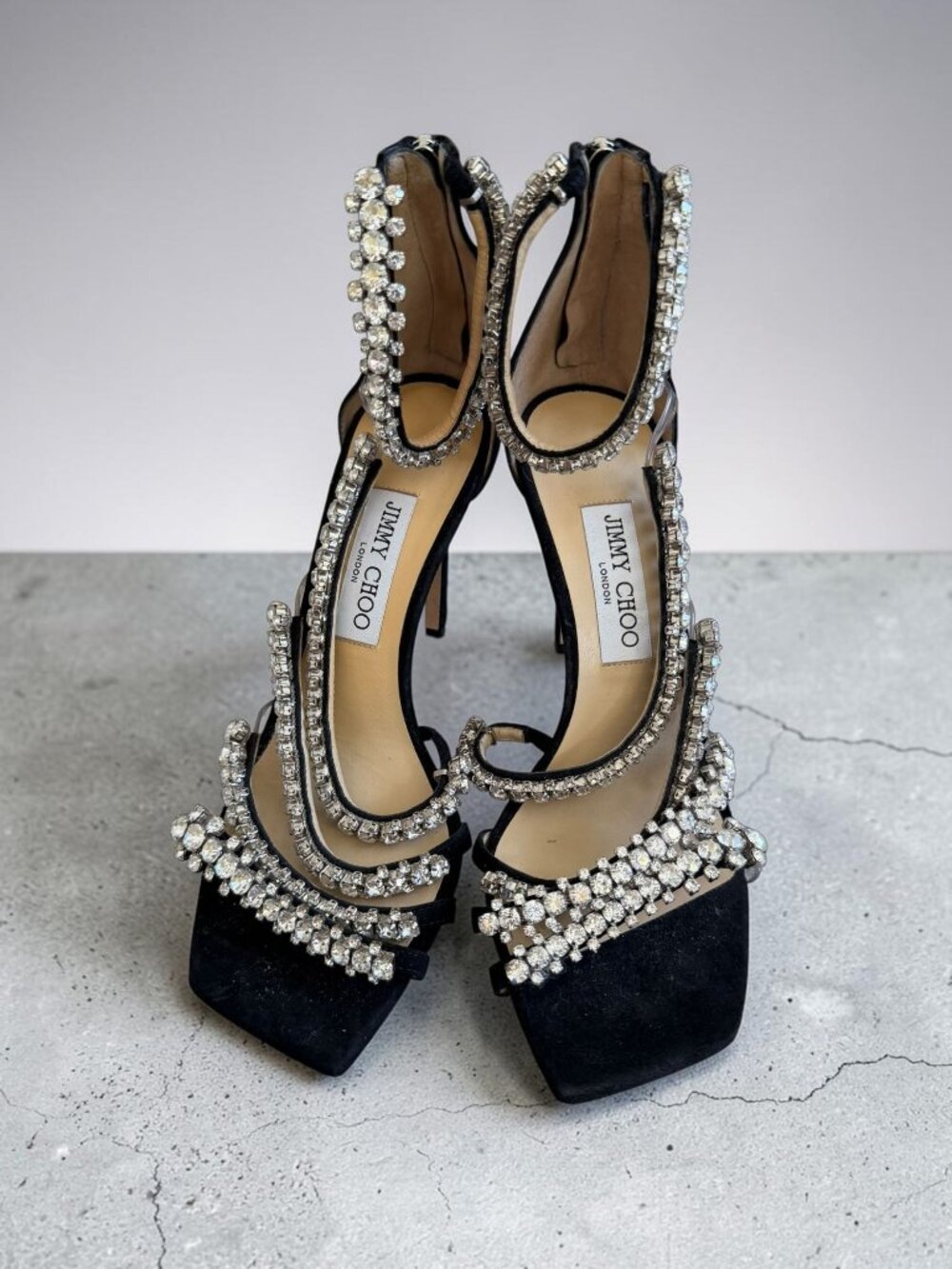 JIMMY CHOO Josefine 100 Black Suede Jeweled Sandals Heels Size 39 / US 9